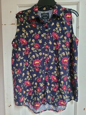 Vintage Floral Top Sleeveless Button Down Collared Shirt Navy Pink Medium Rayon